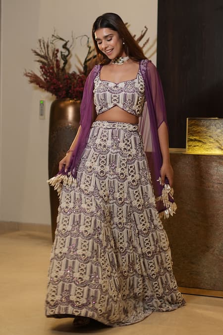 Mehul Gupta_Purple Lace Sequins, Beads Sweetheart Neck Hand Embroidered Lehenga Cape Set _Online_at_Aza_Fashions