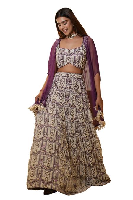 Buy_Mehul Gupta_Purple Lace Sequins, Beads Sweetheart Neck Hand Embroidered Lehenga Cape Set _Online_at_Aza_Fashions