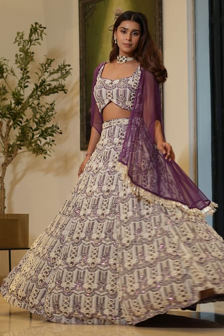 Mehul Gupta_Purple Lace Sequins, Beads Sweetheart Neck Hand Embroidered Lehenga Cape Set _at_Aza_Fashions