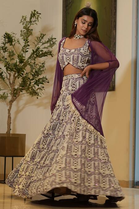 Buy_Mehul Gupta_Purple Lace Sequins, Beads Sweetheart Neck Hand Embroidered Lehenga Cape Set 