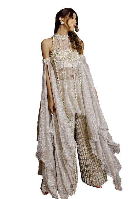 Buy_Mehul Gupta_Ivory Satin, Silk, Net Pearls, Rhinestones And Embroidered Tunic Palazzo Set _Online_at_Aza_Fashions