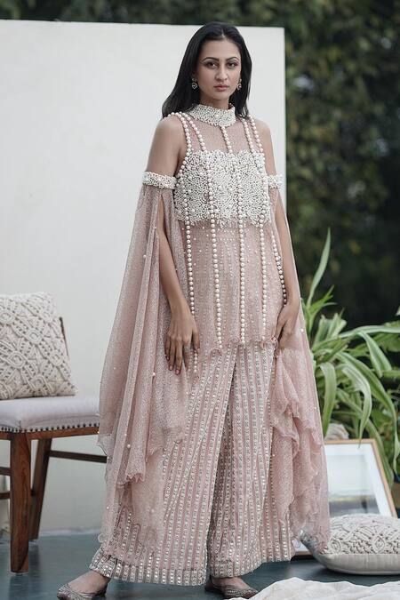 Mehul Gupta Pink Satin, Net, Silk Pearls, Rhinestones And Embellished Tunic Palazzo Set Online at Aza Fashions Mehul Gupta_Pink Satin, Net, Silk Pearls, Rhinestones And Embellished Tunic Palazzo Set _Online_at_Aza_Fashions
