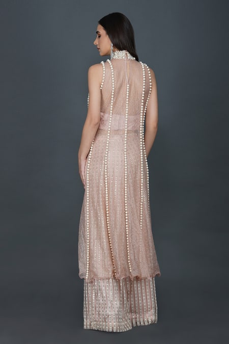 Shop Mehul Gupta Pink Satin, Net, Silk Pearls, Rhinestones And Embellished Tunic Palazzo Set at Aza Fashions Shop_Mehul Gupta_Pink Satin, Net, Silk Pearls, Rhinestones And Embellished Tunic Palazzo Set _at_Aza_Fashions