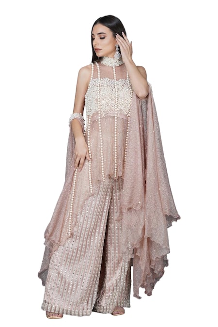 Shop Mehul Gupta Pink Satin, Net, Silk Pearls, Rhinestones And Embellished Tunic Palazzo Set Online at Aza Fashions Shop_Mehul Gupta_Pink Satin, Net, Silk Pearls, Rhinestones And Embellished Tunic Palazzo Set _Online_at_Aza_Fashions