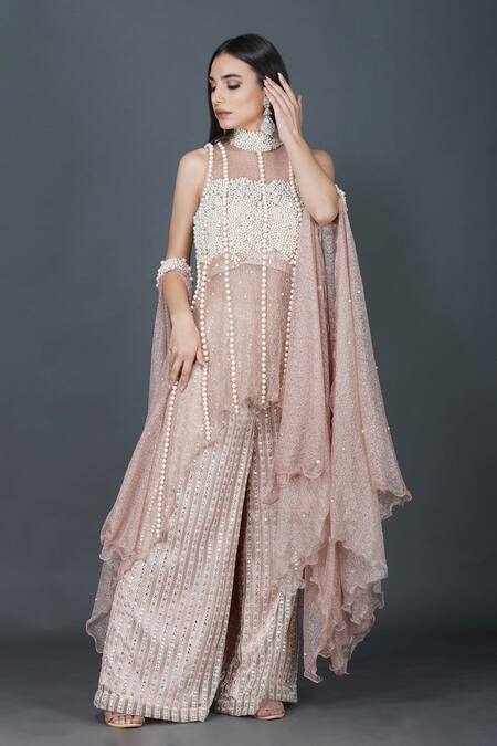 Mehul Gupta Pink Satin, Net, Silk Pearls, Rhinestones And Embellished Tunic Palazzo Set at Aza Fashions Mehul Gupta_Pink Satin, Net, Silk Pearls, Rhinestones And Embellished Tunic Palazzo Set _at_Aza_Fashions