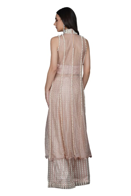 Buy Mehul Gupta Pink Satin, Net, Silk Pearls, Rhinestones And Embellished Tunic Palazzo Set Buy_Mehul Gupta_Pink Satin, Net, Silk Pearls, Rhinestones And Embellished Tunic Palazzo Set