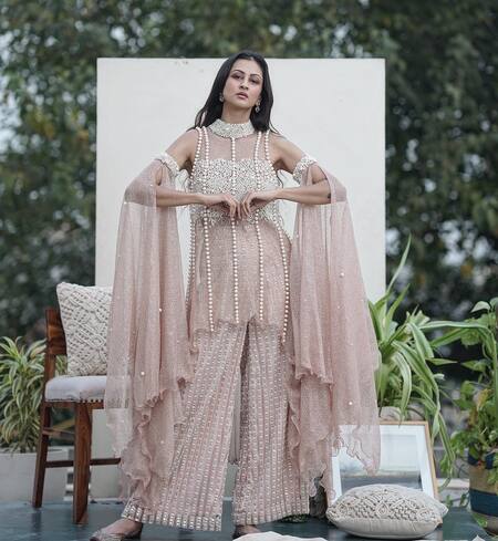 Shop Mehul Gupta Pink Satin, Net, Silk Pearls, Rhinestones And Embellished Tunic Palazzo Set Shop_Mehul Gupta_Pink Satin, Net, Silk Pearls, Rhinestones And Embellished Tunic Palazzo Set