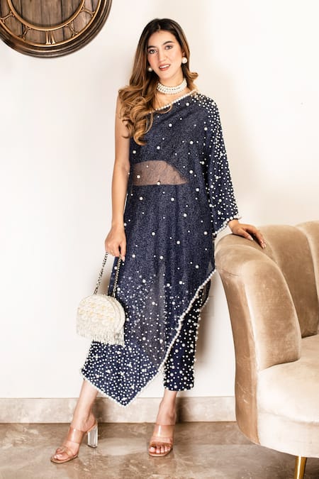 Mehul Gupta Blue Cape Zari Net Embroidery Pearl One Shoulder Neck Meadow With Pant 