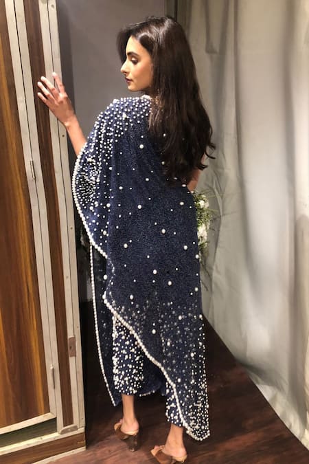 Shop Mehul Gupta Blue Silk Pearls Meadow Embroidered Cape With Pant at Aza Fashions Shop_Mehul Gupta_Blue Silk Pearls Meadow Embroidered Cape With Pant _at_Aza_Fashions