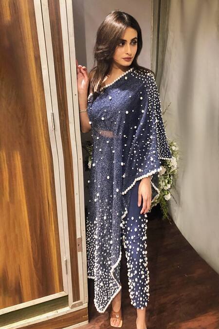 Mehul Gupta Blue Silk Pearls Meadow Embroidered Cape With Pant Online at Aza Fashions Mehul Gupta_Blue Silk Pearls Meadow Embroidered Cape With Pant _Online_at_Aza_Fashions
