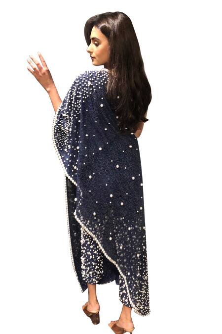 Buy Mehul Gupta Blue Silk Pearls Meadow Embroidered Cape With Pant Online at Aza Fashions Buy_Mehul Gupta_Blue Silk Pearls Meadow Embroidered Cape With Pant _Online_at_Aza_Fashions