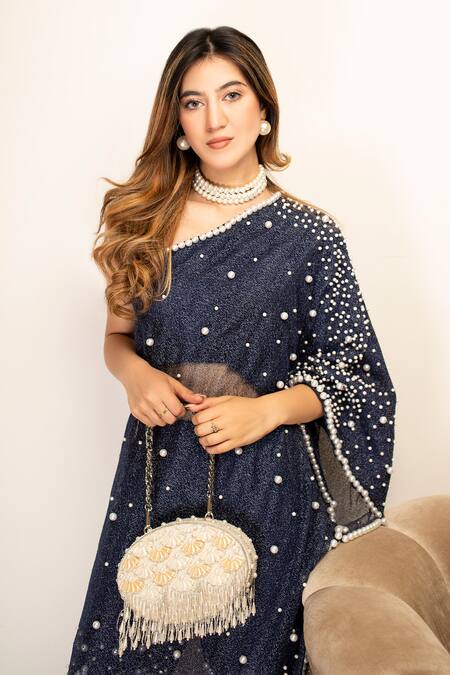Mehul Gupta Blue Silk Pearls Meadow Embroidered Cape With Pant at Aza Fashions Mehul Gupta_Blue Silk Pearls Meadow Embroidered Cape With Pant _at_Aza_Fashions