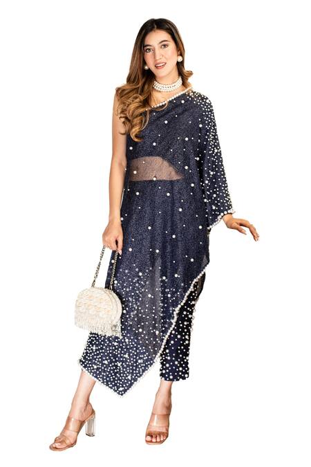 Buy Mehul Gupta Blue Silk Pearls Meadow Embroidered Cape With Pant Buy_Mehul Gupta_Blue Silk Pearls Meadow Embroidered Cape With Pant