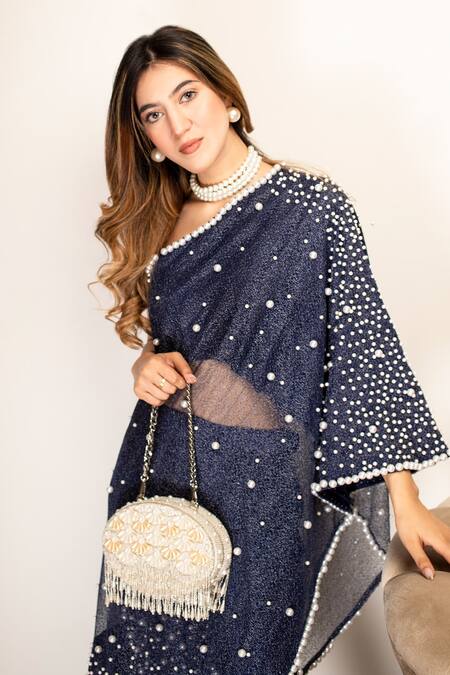 Shop Mehul Gupta Blue Silk Pearls Meadow Embroidered Cape With Pant Shop_Mehul Gupta_Blue Silk Pearls Meadow Embroidered Cape With Pant