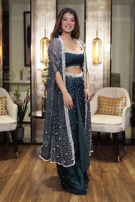 Shop Mehul Gupta Blue Satin, Silk Pearls Round Astral Embellished Cape Draped Dhoti Skirt Set at Aza Fashions Shop_Mehul Gupta_Blue Satin, Silk Pearls Round Astral Embellished Cape Draped Dhoti Skirt Set _at_Aza_Fashions