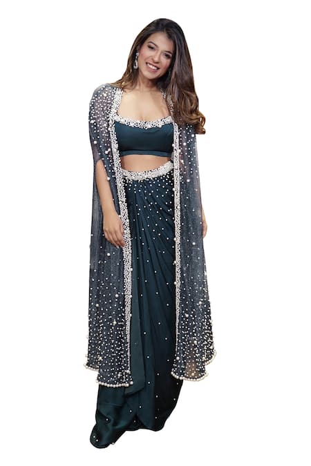 Mehul Gupta Blue Satin, Silk Pearls Round Astral Embellished Cape Draped Dhoti Skirt Set Online at Aza Fashions Mehul Gupta_Blue Satin, Silk Pearls Round Astral Embellished Cape Draped Dhoti Skirt Set _Online_at_Aza_Fashions