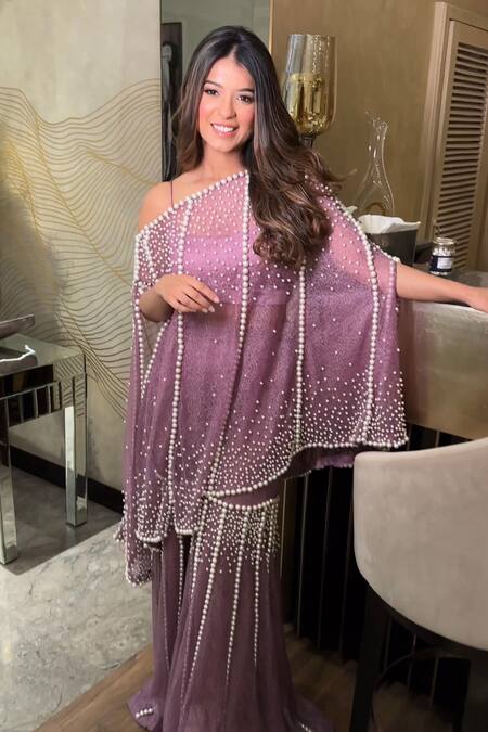 Mehul Gupta_Purple Satin, Silk, Net Pearls One Shoulder Helix Embroidered Cape Sharara Set _Online_at_Aza_Fashions