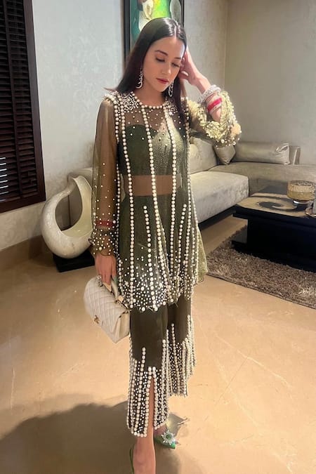 Mehul Gupta Green Tissue, Silk Satin Pearls, Embroidery Blossom Sheer Tunic Sharara Set Online at Aza Fashions Mehul Gupta_Green Tissue, Silk Satin Pearls, Embroidery Blossom Sheer Tunic Sharara Set _Online_at_Aza_Fashions