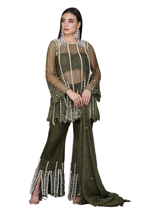 Shop Mehul Gupta Green Tissue, Silk Satin Pearls, Embroidery Blossom Sheer Tunic Sharara Set Online at Aza Fashions Shop_Mehul Gupta_Green Tissue, Silk Satin Pearls, Embroidery Blossom Sheer Tunic Sharara Set _Online_at_Aza_Fashions