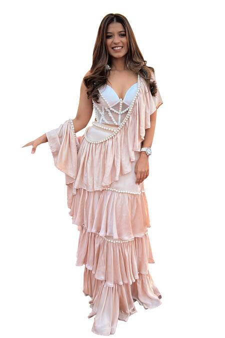 Mehul Gupta_Cream Net, Silk Embellished Pre-draped Ruffle Tiered Saree With Corset Blouse _Online_at_Aza_Fashions