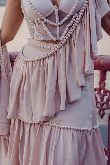 Buy_Mehul Gupta_Cream Net, Silk Embellished Pre-draped Ruffle Tiered Saree With Corset Blouse _Online_at_Aza_Fashions