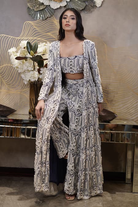 Mehul Gupta_Ivory Lace Sequins, Pearls, Beads Embellished Bloom Jacket Flared Pant Set _Online_at_Aza_Fashions
