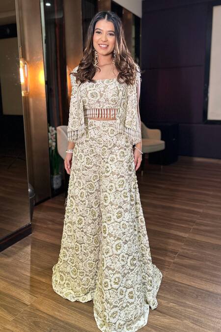 Mehul Gupta_Ivory Lace Pearls, Sequins, Beads Square Embellished Rosette Jacket Sharara Set _Online_at_Aza_Fashions