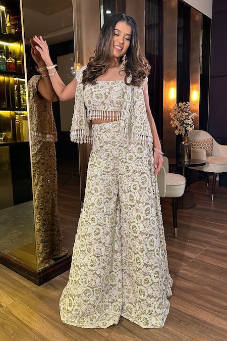 Buy_Mehul Gupta_Ivory Lace Pearls, Sequins, Beads Square Embellished Rosette Jacket Sharara Set _Online_at_Aza_Fashions