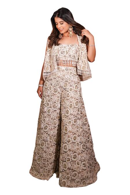 Shop Mehul Gupta Ivory Lace Pearls, Sequins, Beads Square Embellished Rosette Jacket Sharara Set Online at Aza Fashions Shop_Mehul Gupta_Ivory Lace Pearls, Sequins, Beads Square Embellished Rosette Jacket Sharara Set _Online_at_Aza_Fashions