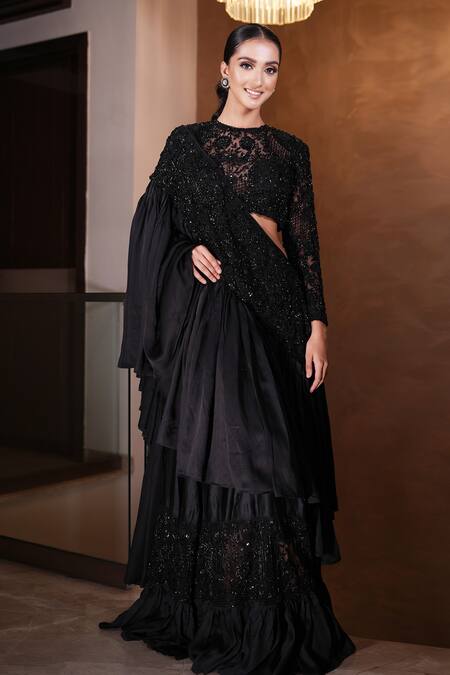 Buy Mehul Gupta Black Net, Satin Garden Cutdana Embellished Frilly Lehenga Saree With Blouse Online at Aza Fashions Buy_Mehul Gupta_Black Net, Satin Garden Cutdana Embellished Frilly Lehenga Saree With Blouse _Online_at_Aza_Fashions