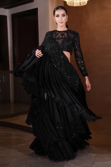 Shop Mehul Gupta Black Net, Satin Garden Cutdana Embellished Frilly Lehenga Saree With Blouse Online at Aza Fashions Shop_Mehul Gupta_Black Net, Satin Garden Cutdana Embellished Frilly Lehenga Saree With Blouse _Online_at_Aza_Fashions
