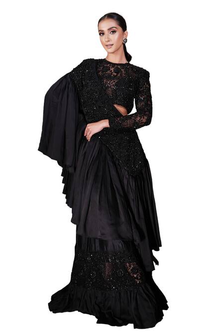 Mehul Gupta Black Net, Satin Garden Cutdana Embellished Frilly Lehenga Saree With Blouse at Aza Fashions Mehul Gupta_Black Net, Satin Garden Cutdana Embellished Frilly Lehenga Saree With Blouse _at_Aza_Fashions