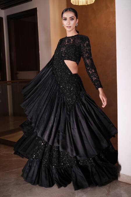 Buy_Mehul Gupta_Black Net, Satin Garden Cutdana Embellished Frilly Lehenga Saree With Blouse 
