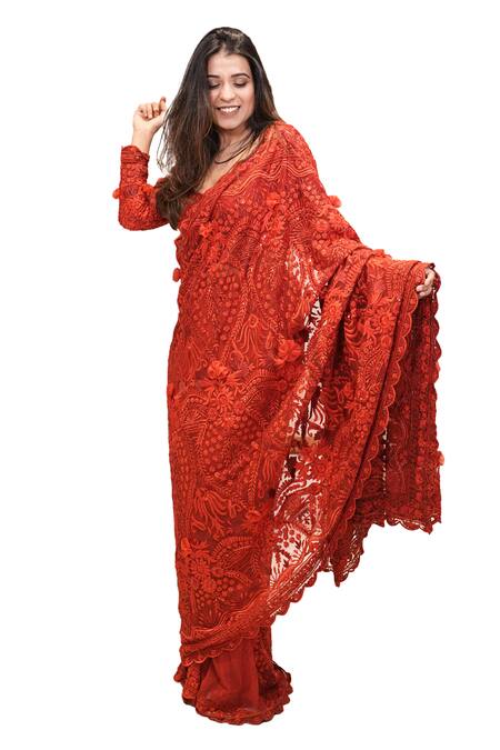 Buy Mehul Gupta Red Net Sequins, Embroidery Round Bahar Thread Pre-draped Saree With Blouse Online at Aza Fashions Buy_Mehul Gupta_Red Net Sequins, Embroidery Round Bahar Thread Pre-draped Saree With Blouse _Online_at_Aza_Fashions