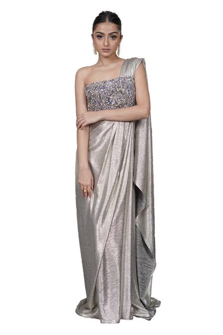 Mehul Gupta Silver Lycra Cut Work, Pearls, Sequins One Shoulder Embroidered Saree Gown Online at Aza Fashions Mehul Gupta_Silver Lycra Cut Work, Pearls, Sequins One Shoulder Embroidered Saree Gown _Online_at_Aza_Fashions