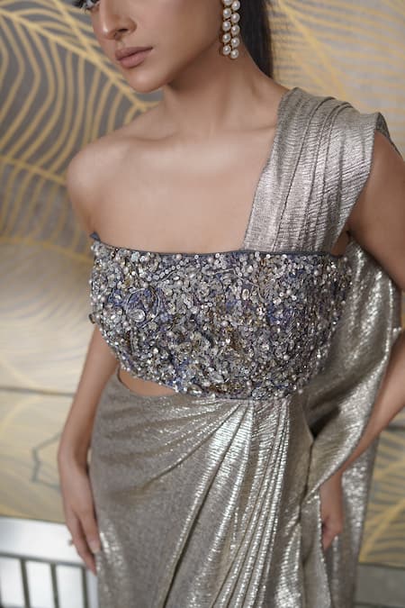 Buy Mehul Gupta Silver Lycra Cut Work, Pearls, Sequins One Shoulder Embroidered Saree Gown Online at Aza Fashions Buy_Mehul Gupta_Silver Lycra Cut Work, Pearls, Sequins One Shoulder Embroidered Saree Gown _Online_at_Aza_Fashions