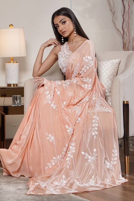 Mehul Gupta_Peach Satin, Net, Silk Leaf Applique Embellished Pre-draped Saree With Blouse _Online_at_Aza_Fashions