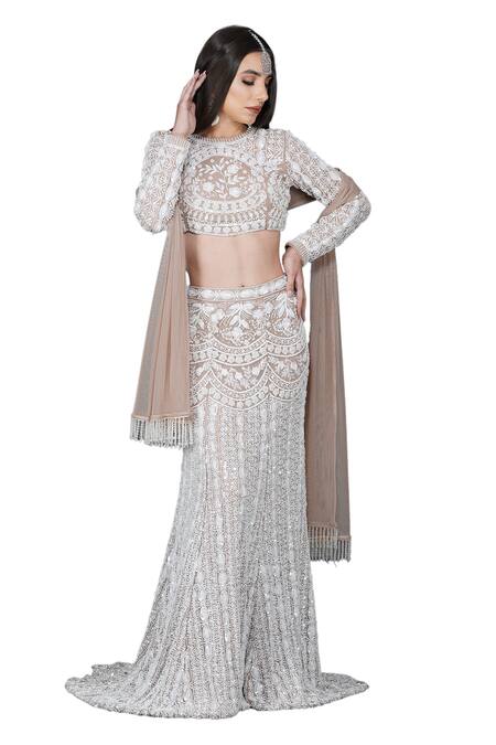 Shop Mehul Gupta Ivory Net, Lycra Cut Work, Sequins, Gullista Embroidered Bridal Lehenga Set Online at Aza Fashions Shop_Mehul Gupta_Ivory Net, Lycra Cut Work, Sequins, Gullista Embroidered Bridal Lehenga Set _Online_at_Aza_Fashions