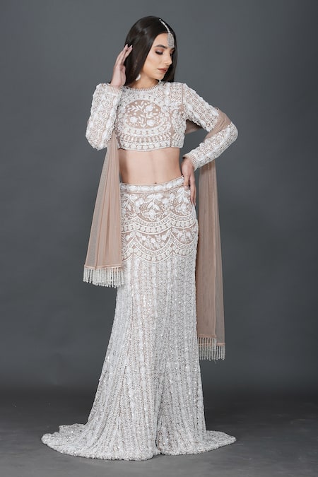 Mehul Gupta Ivory Net, Lycra Cut Work, Sequins, Gullista Embroidered Bridal Lehenga Set at Aza Fashions Mehul Gupta_Ivory Net, Lycra Cut Work, Sequins, Gullista Embroidered Bridal Lehenga Set _at_Aza_Fashions