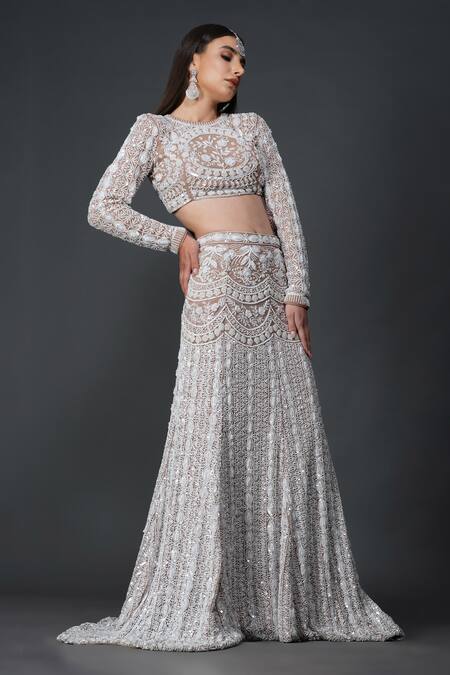 Shop Mehul Gupta Ivory Net, Lycra Cut Work, Sequins, Gullista Embroidered Bridal Lehenga Set Shop_Mehul Gupta_Ivory Net, Lycra Cut Work, Sequins, Gullista Embroidered Bridal Lehenga Set