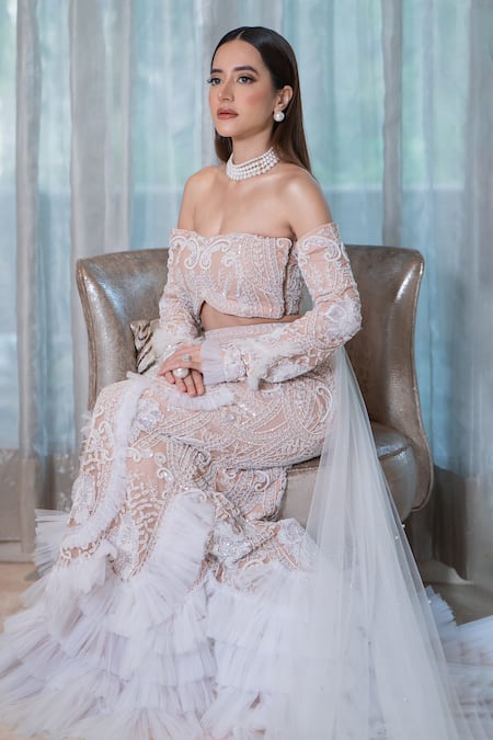 Mehul Gupta Pink Net, Lycra Cut Work, Pearls, French Garden Embroidered Bridal Lehenga Set at Aza Fashions Mehul Gupta_Pink Net, Lycra Cut Work, Pearls, French Garden Embroidered Bridal Lehenga Set _at_Aza_Fashions