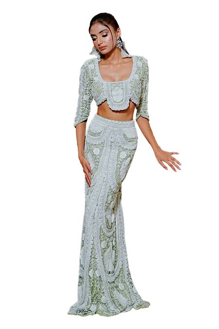 Buy Mehul Gupta Green Net, Lycra Sequins, Pearls, Cut Cosmic Bloom Embroidered Blouse With Skirt Online at Aza Fashions Buy_Mehul Gupta_Green Net, Lycra Sequins, Pearls, Cut Cosmic Bloom Embroidered Blouse With Skirt _Online_at_Aza_Fashions