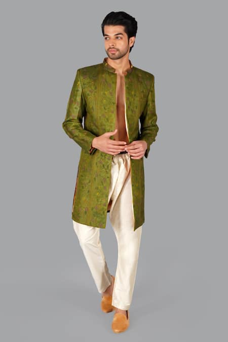 Gaurav Katta Kantha Embroidered Open Sherwani Aligarhi Pant Set 