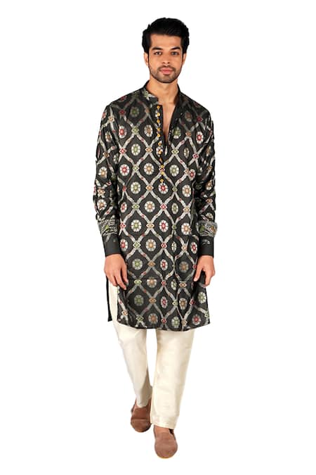 Gaurav Katta Black Handloom , Embroidery Banarasi Silk Woven Kurta With Pant Online at Aza Fashions Gaurav Katta_Black Handloom , Embroidery Banarasi Silk Woven Kurta With Pant _Online_at_Aza_Fashions