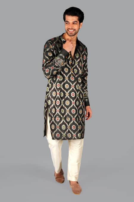 Buy_Gaurav Katta_Black Handloom , Embroidery Banarasi Silk Woven Kurta With Pant _Online_at_Aza_Fashions