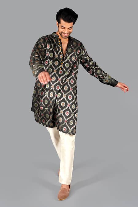 Gaurav Katta_Black Handloom , Embroidery Banarasi Silk Woven Kurta With Pant _at_Aza_Fashions