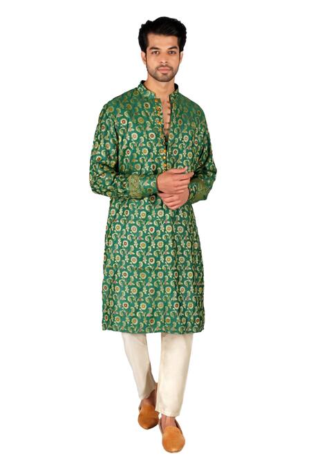 Gaurav Katta Green Hand Banarasi Silk Floral Jaal Kurta With Pant Online at Aza Fashions Gaurav Katta_Green Hand Banarasi Silk Floral Jaal Kurta With Pant _Online_at_Aza_Fashions