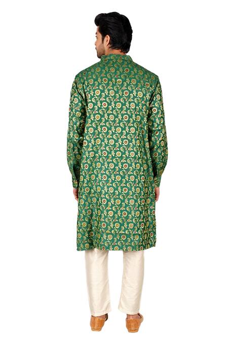 Shop Gaurav Katta Green Hand Banarasi Silk Floral Jaal Kurta With Pant Online at Aza Fashions Shop_Gaurav Katta_Green Hand Banarasi Silk Floral Jaal Kurta With Pant _Online_at_Aza_Fashions