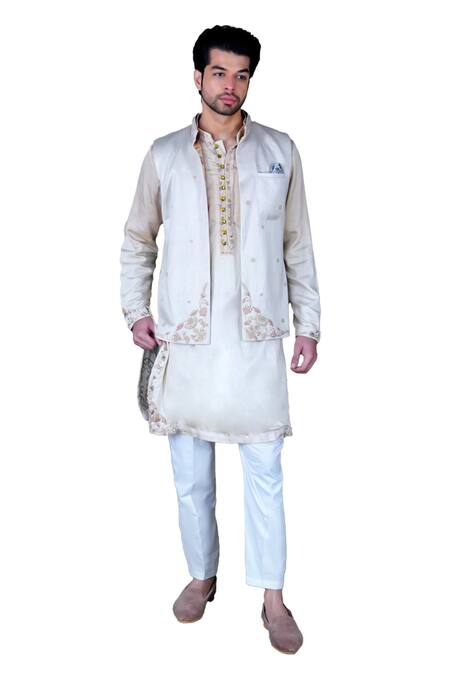 Gaurav Katta_White Italian Cotton Embroidered Zardozi Bundi Kurta Set _Online_at_Aza_Fashions