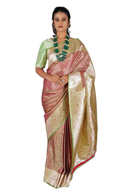 Gaurav Katta_Pink Silk, Cotton Embroidery Round Neck Banarasi Floral Woven Saree With Blouse _Online_at_Aza_Fashions